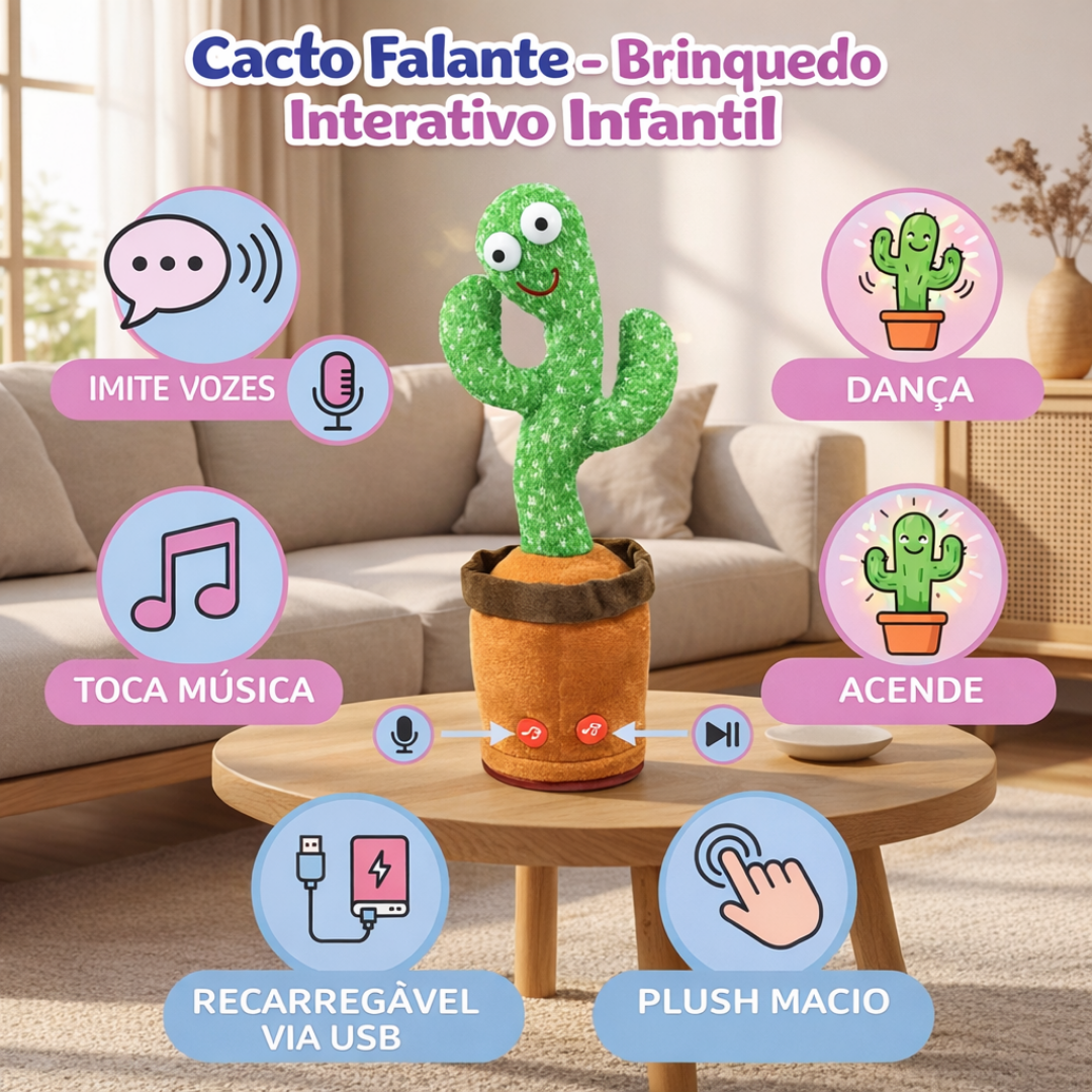 Cacto Falante Dançante Interativo com Luz LED